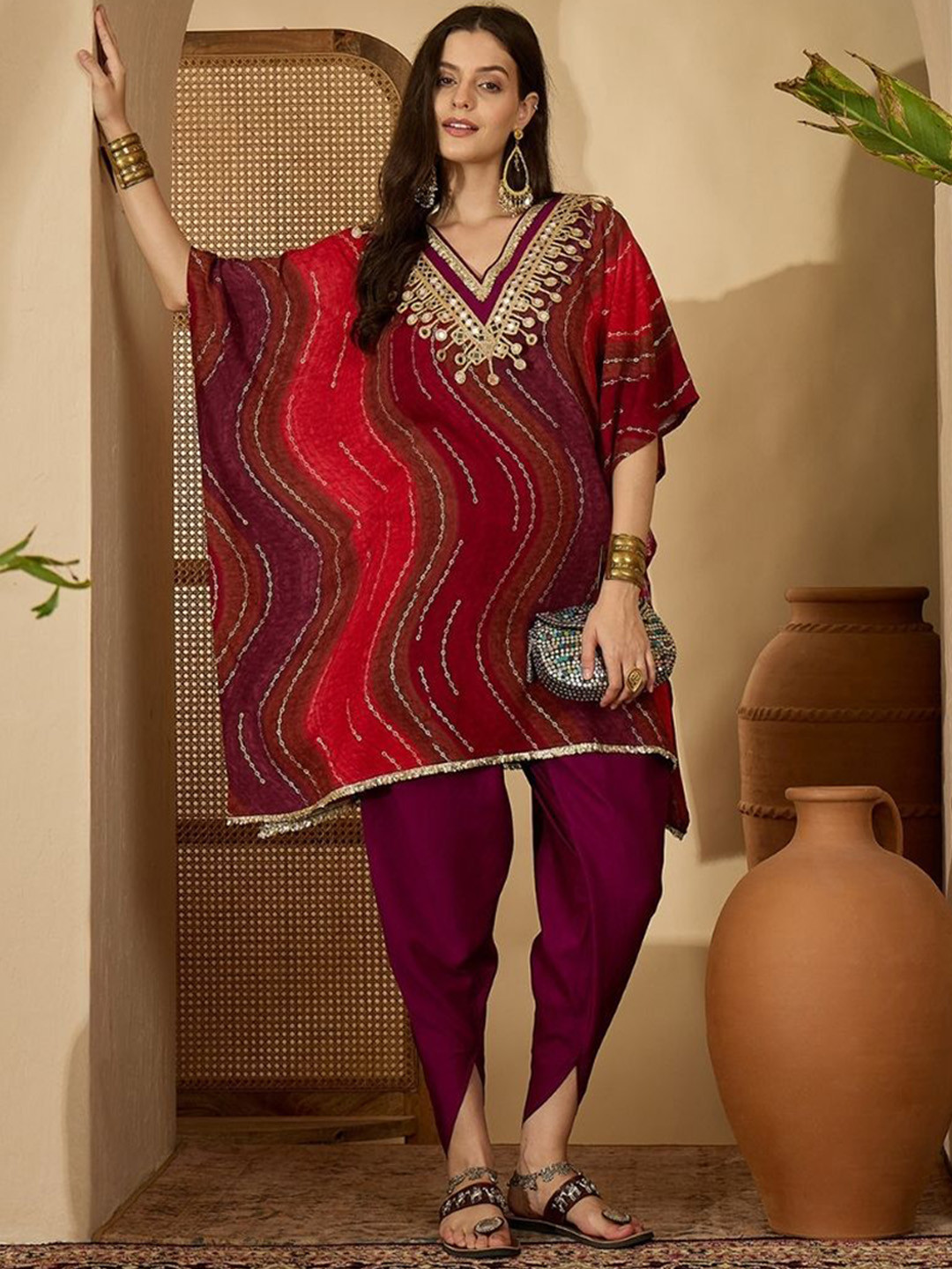 Sangria Leheriya Printed with Embellished Kaftan Kurta with Dhoti Pant Set
