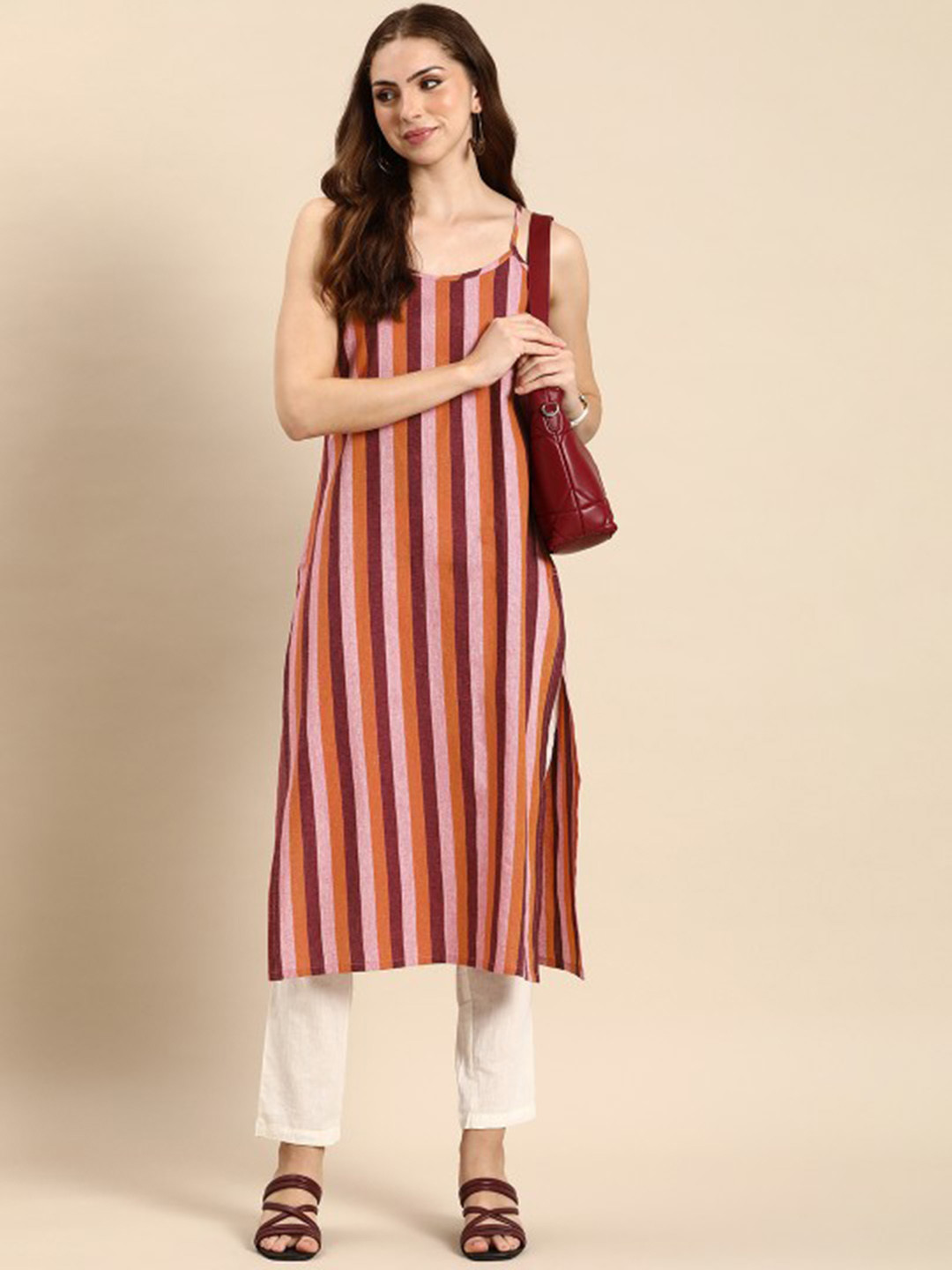 Anouk Rustic Striped Shoulder Straps Cotton Straight Kurta