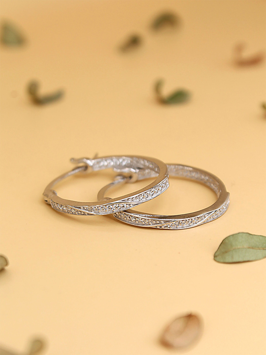 DEVASHREE 925 Sterling Silver Rhodium-Plated CZ Studded Ring Hoop Earrings