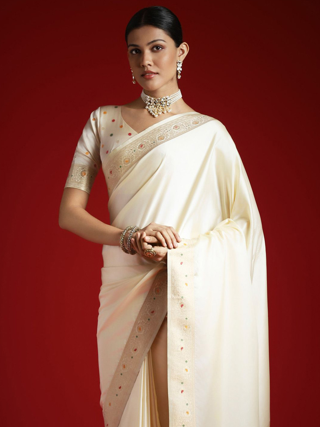 Anouk Cream Solid Zari Woven Design Satin Banarasi Saree with Matching Blouse