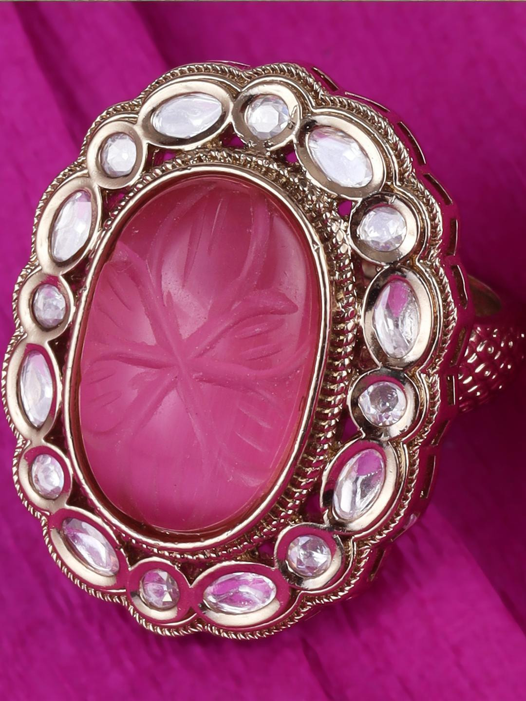 Saloni Fashion Jewellery Gold-Toned & Pink Oval Shaped Studded Adjustable Finger Ring