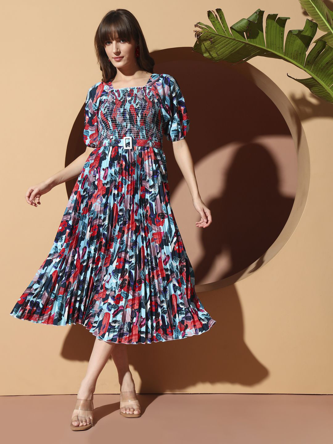 KZULLY STYLE Women Floral Printed Square Neck Puff Sleeve Smoked Fit and Flare Midi Dress