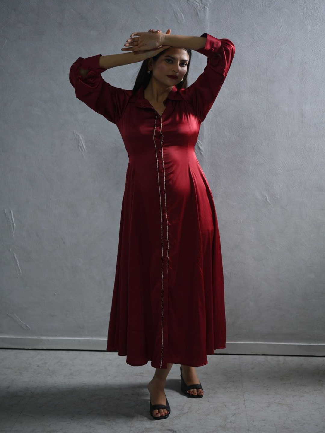 STYLESHIFT Shirt Collar Satin Shirt Maxi Dress