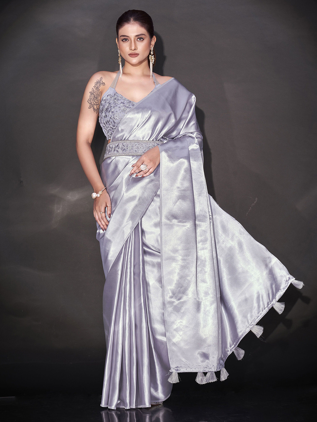 K 5 Fashion Embellished Satin Saree with Blouse Piece