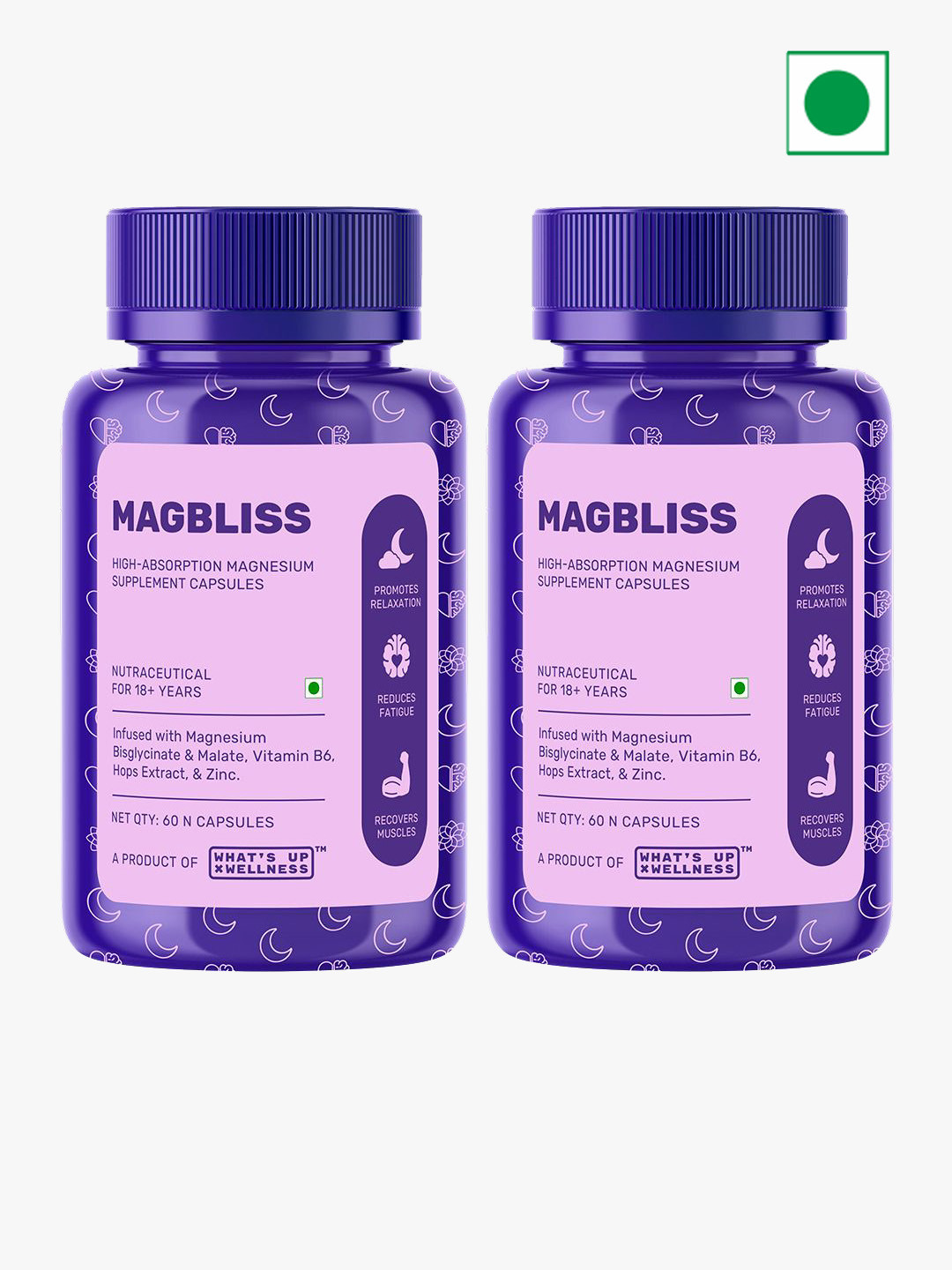 What's Up Wellness Set Of 2 High Absorbption Magnesium Supplement Capsules - 60 Pcs Each
