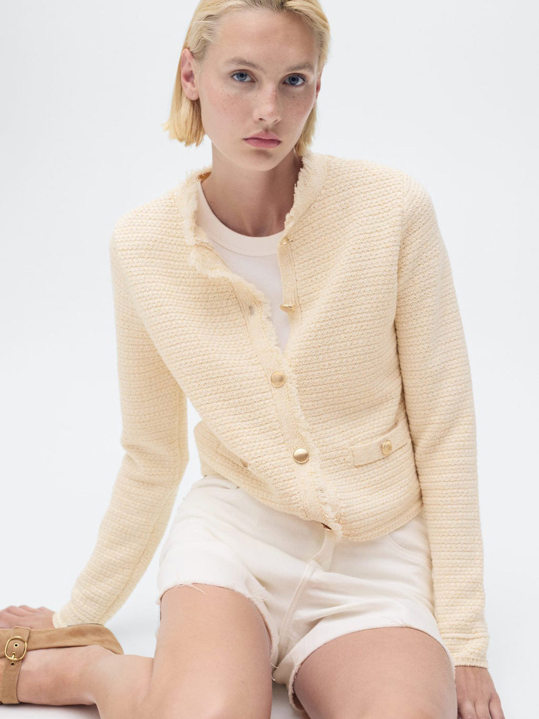 MANGO Round Neck Cable Knit Cardigan with Frayed Neck