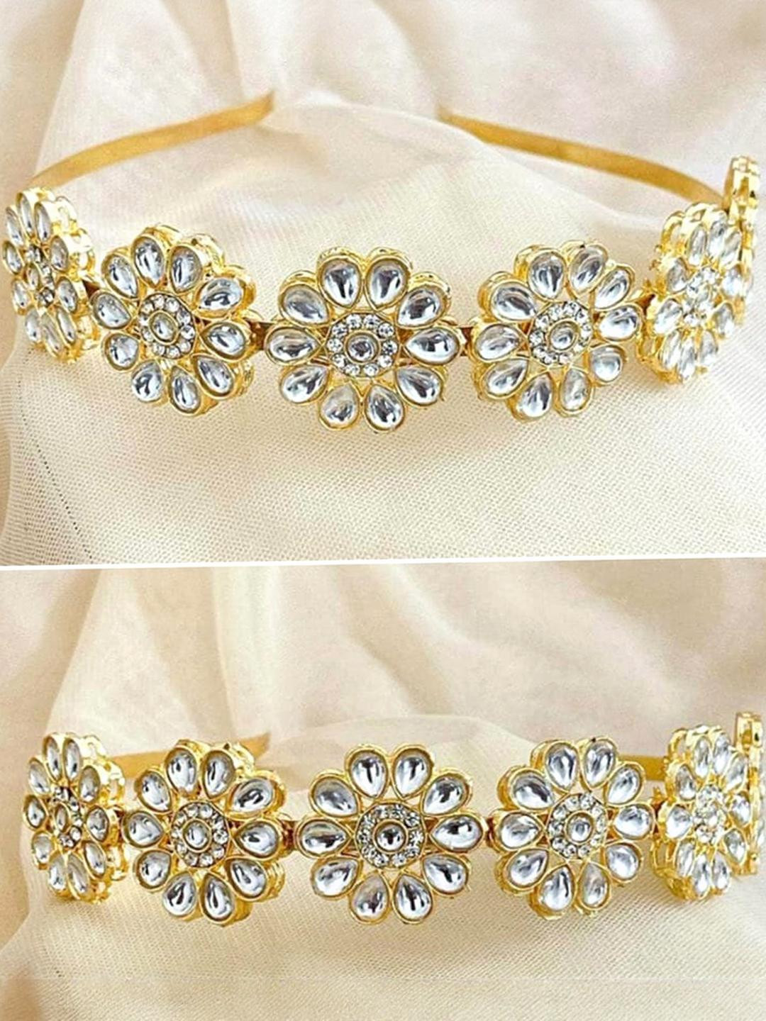 J D Jewellers 2 Pcs Gold-Plated American Diamond Studded Matha Patti Head Jewellery
