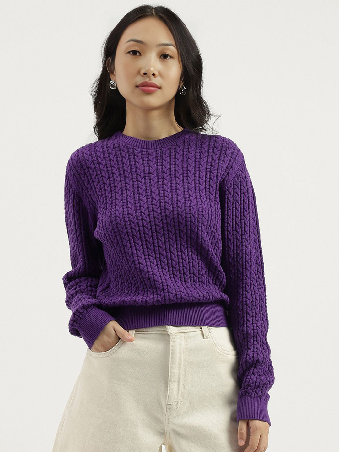 United Colors of Benetton Women Self Design Cable Knit  Pure Cotton Pullover Sweater