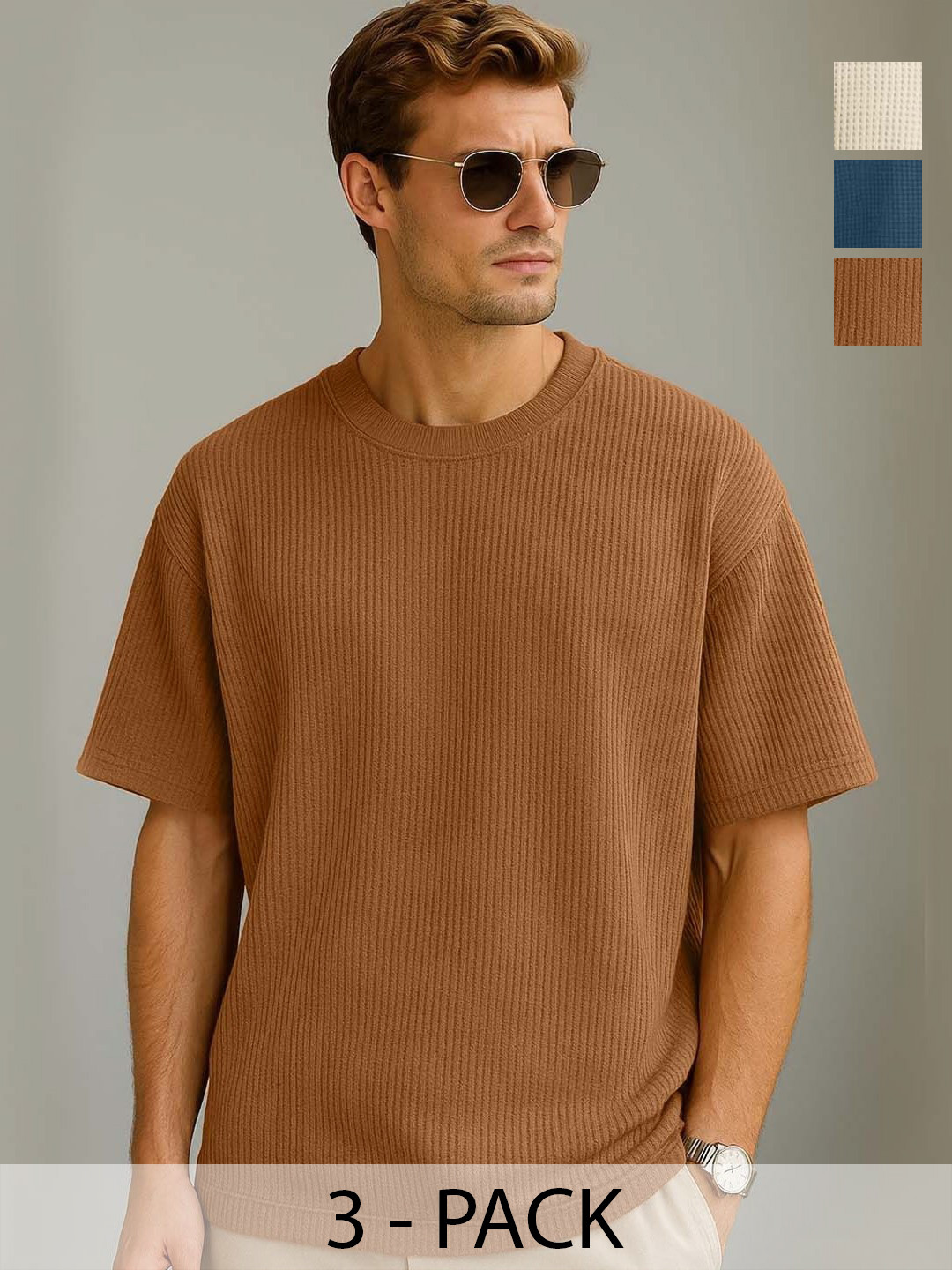 Organic Chics Pack Of 3 Self Design Drop Shoulder Sleeves Oversized Cotton T-shirtss