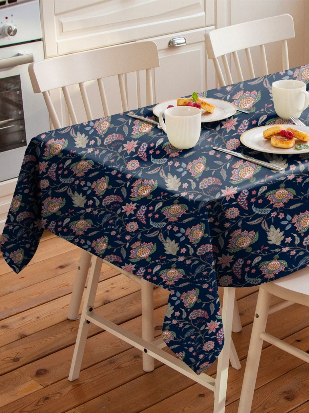 CASABLEU Navy Blue And Pink Floral 6-Seater Table Cover