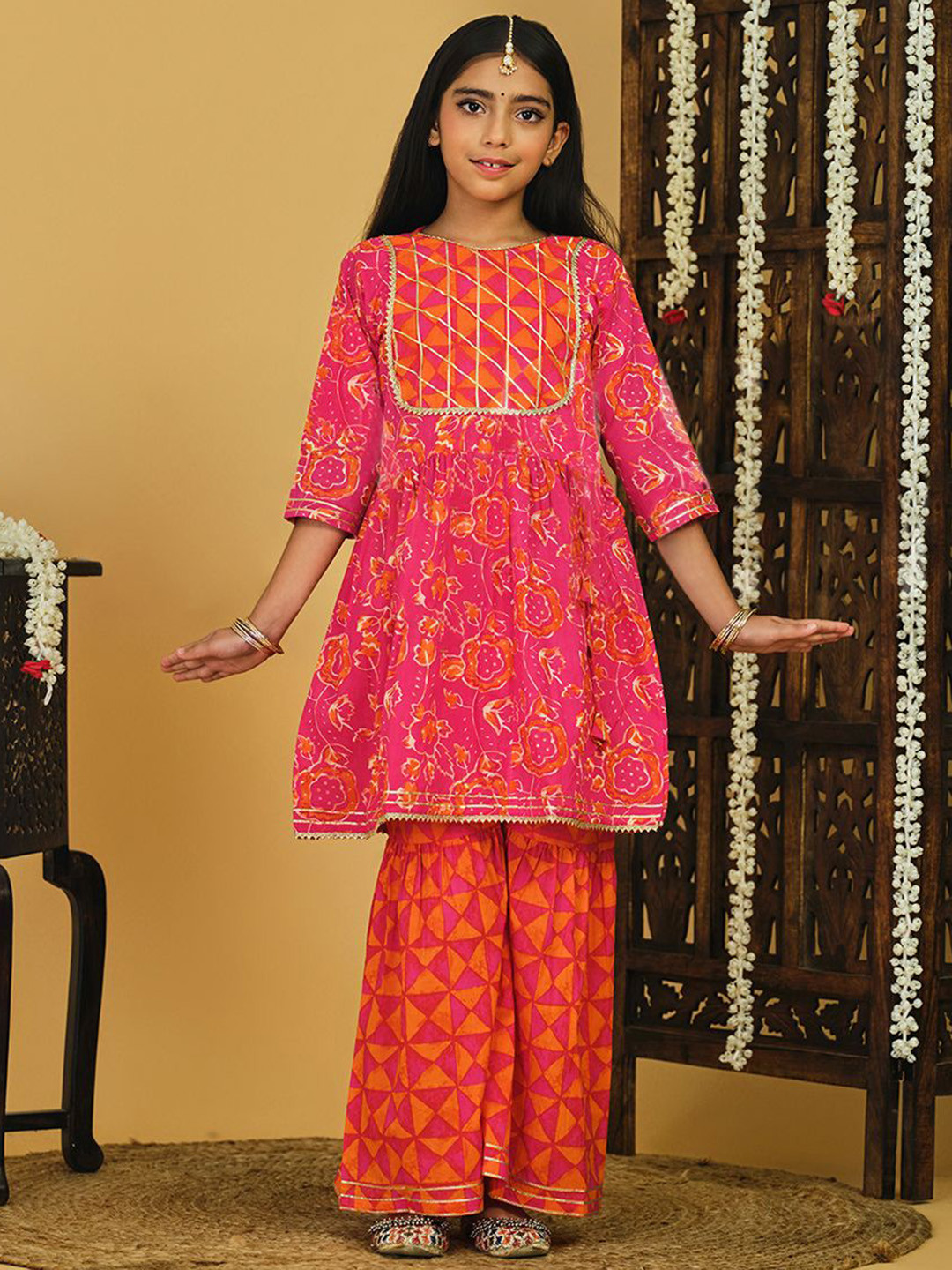 YK X Trampoline Girls Cotton Woven Three Fourth Sleeves Kurta and Sharara Set