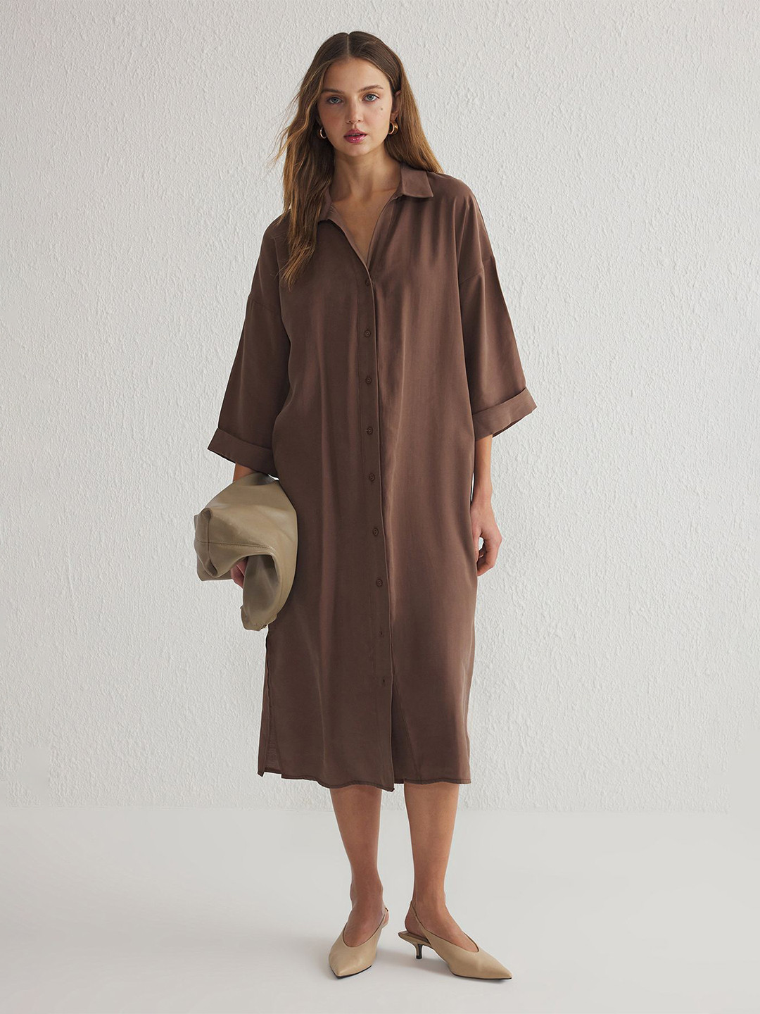 Trendyol Women Mocha Mousse Shirt Midi Dress