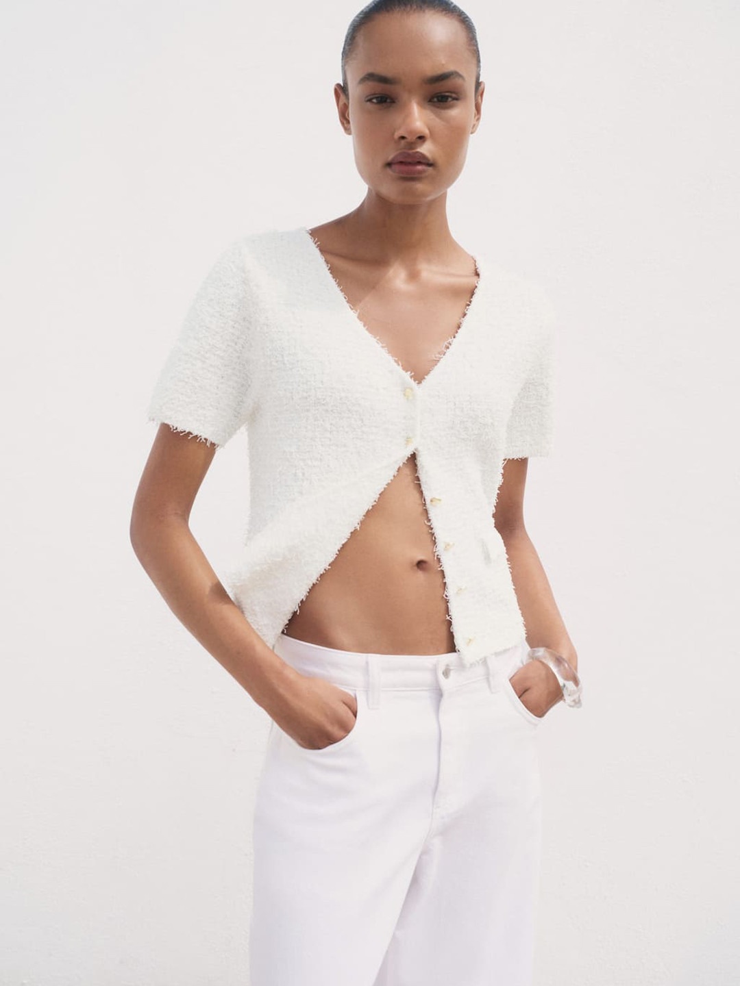 MANGO Faux Fur V-Neck Cardigan