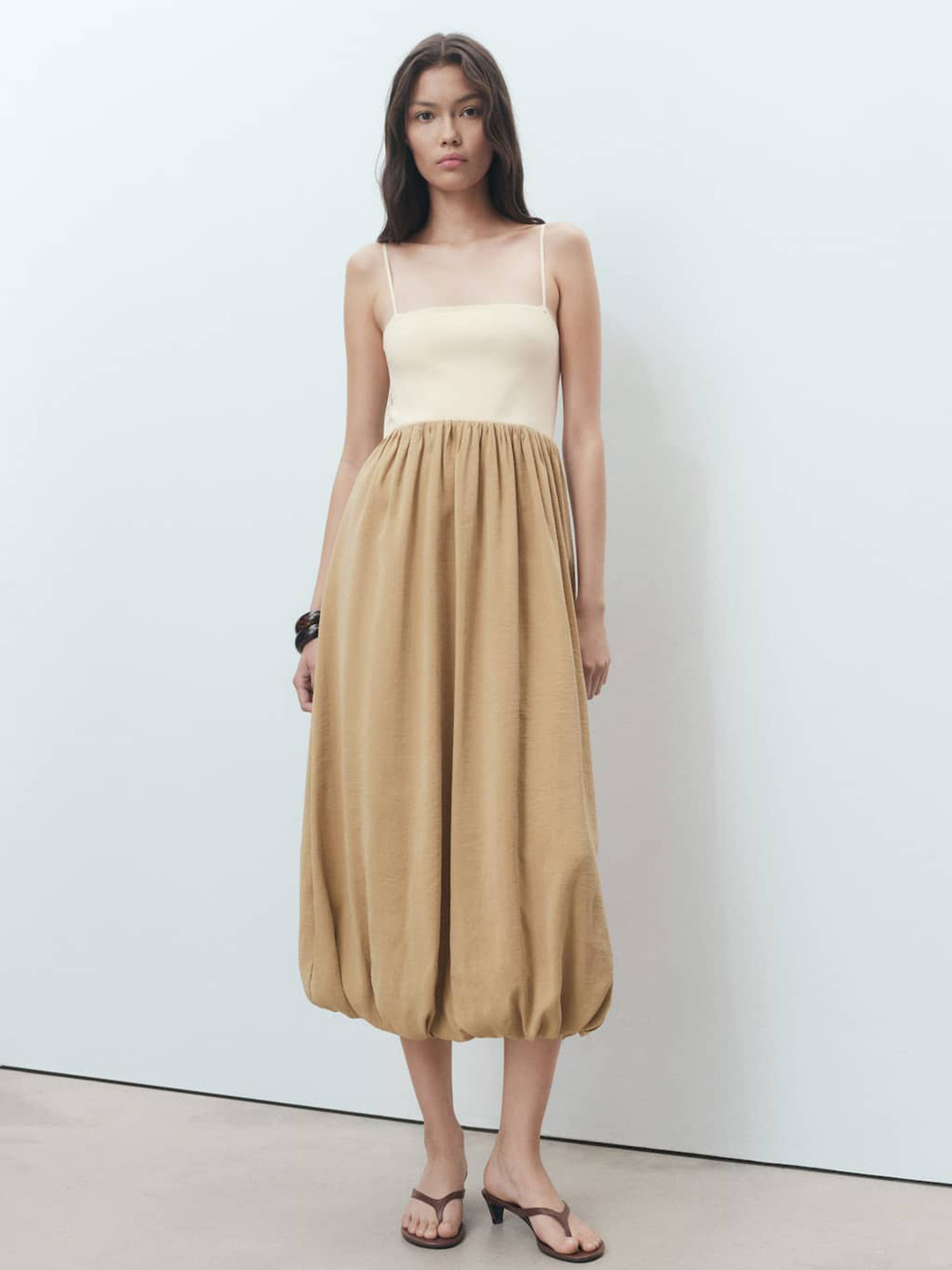 MANGO Shoulder Straps Balloon Midi Dress with Pleated Detail