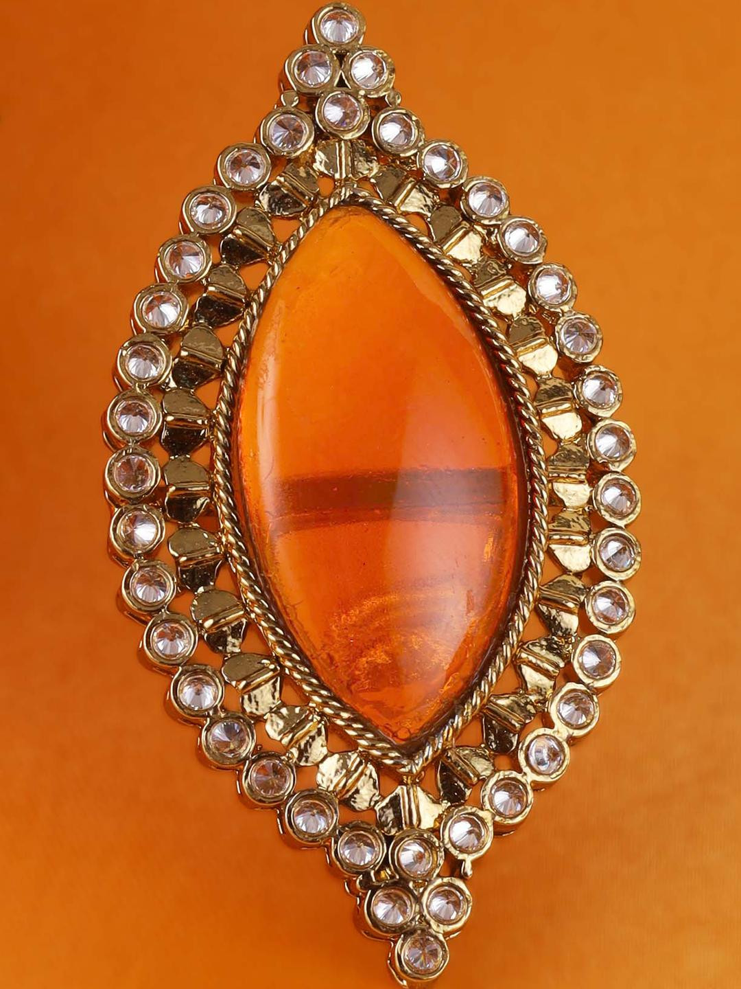 SALONI FASHION JEWELLE Oval Shape Orange Stone Gold Plated Adjustable Ring