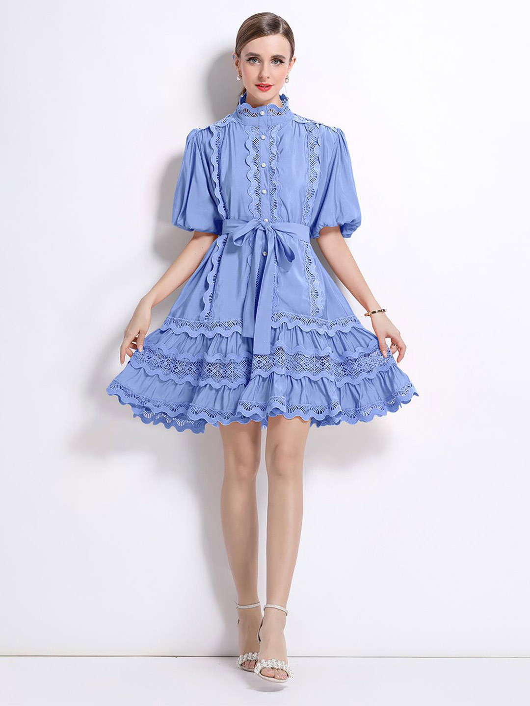 JC Collection High Neck Puff Sleeves Lace Inserts Fit & Flare Dress