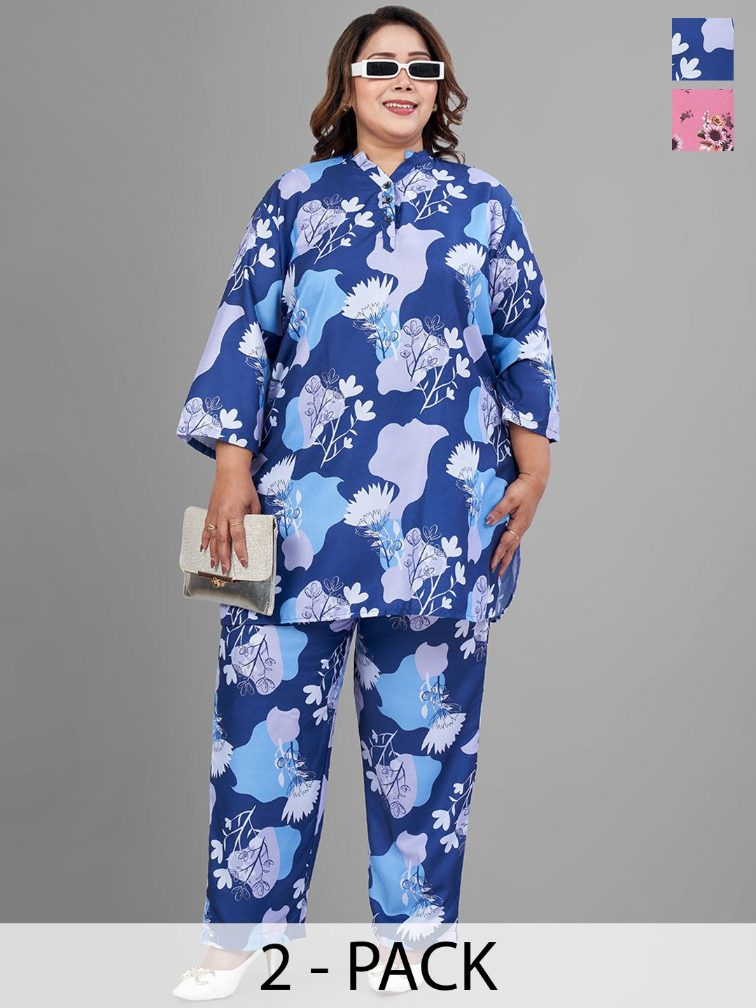 TITTLI Plus Size Pack Of 2 Printed Mandarin Collar Relaxed Fit Tunic With Trousers