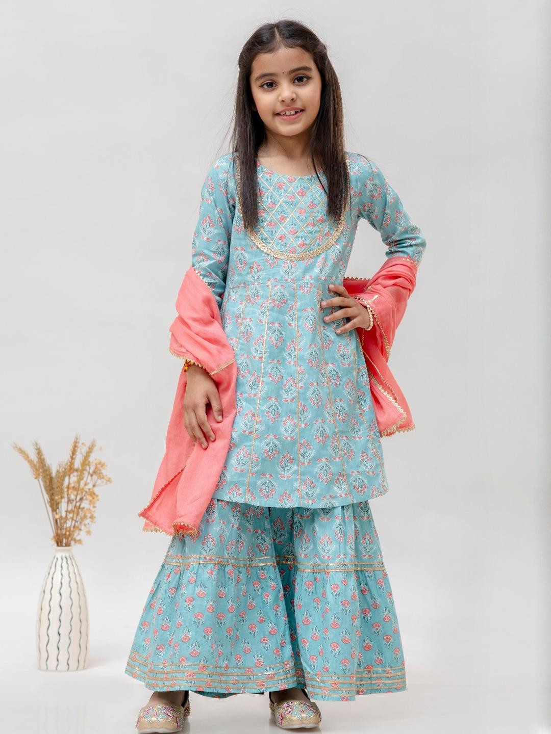 Flyfinns Girls Cotton Kurta Sharara and Dupatta Set