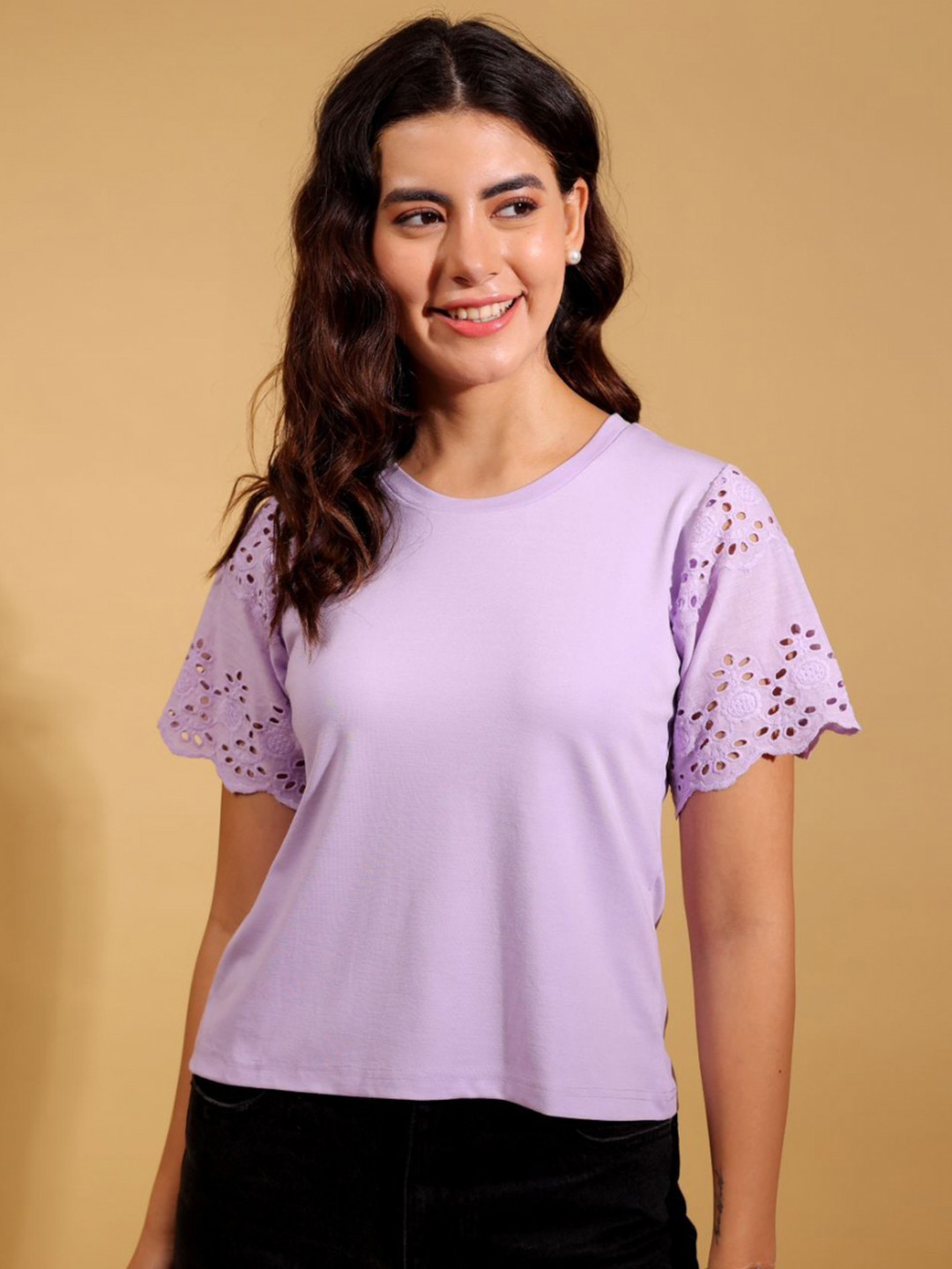 BAESD Women Lilac Solid Round Neck Schiffli Sleeves Pure Cotton T-shirt