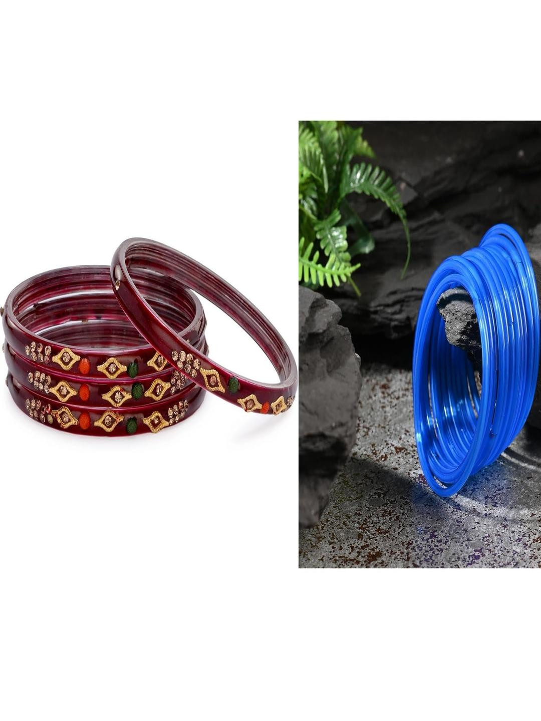 SOMIL Set Of 16 Maroonand blue glass Bangles
