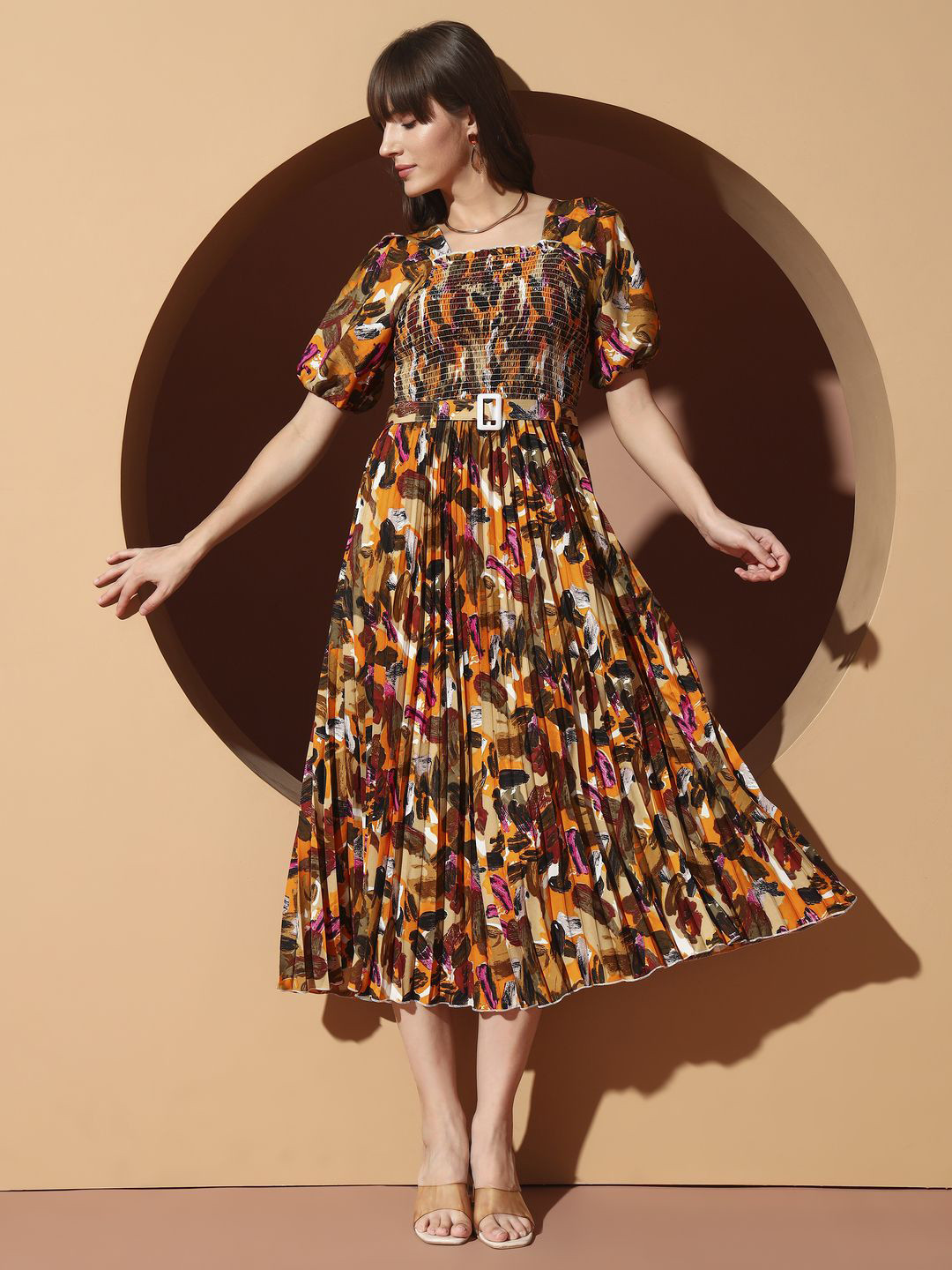 Coffee Brown Abstract Print Puff Sleeve Midi Dress with Belt