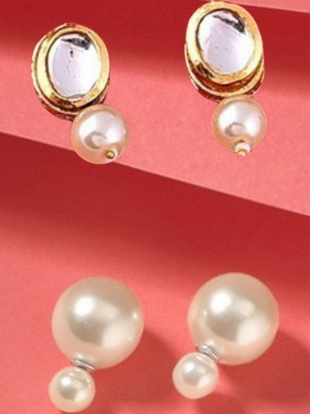 Anouk Combo Of Double Sided Pearls Stud & White Kundan Stud Earrings
