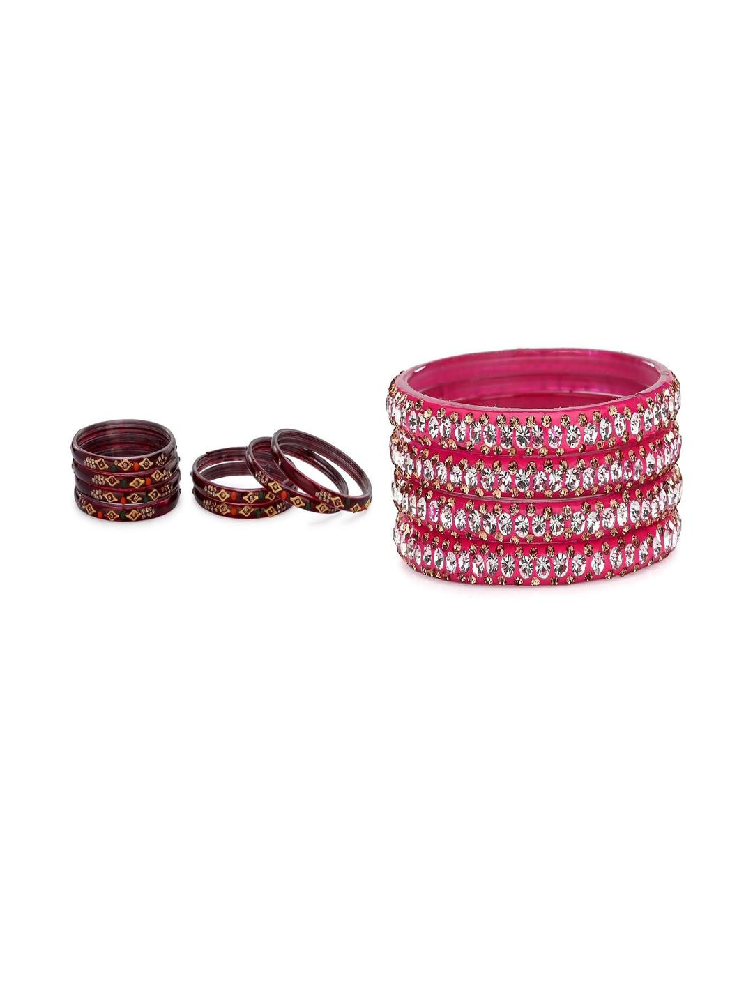 SOMIL Set Of 12 Maroon And Pink Glass Artificial Stones & Beads Bangles