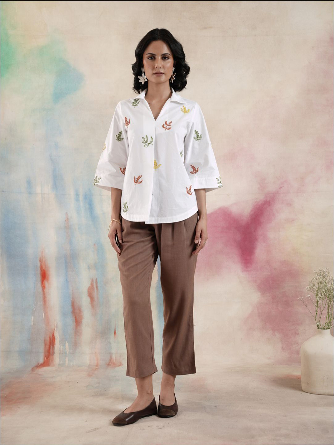 SAKU Women Floral Embroidered Shirt Collar Pure Cotton Top