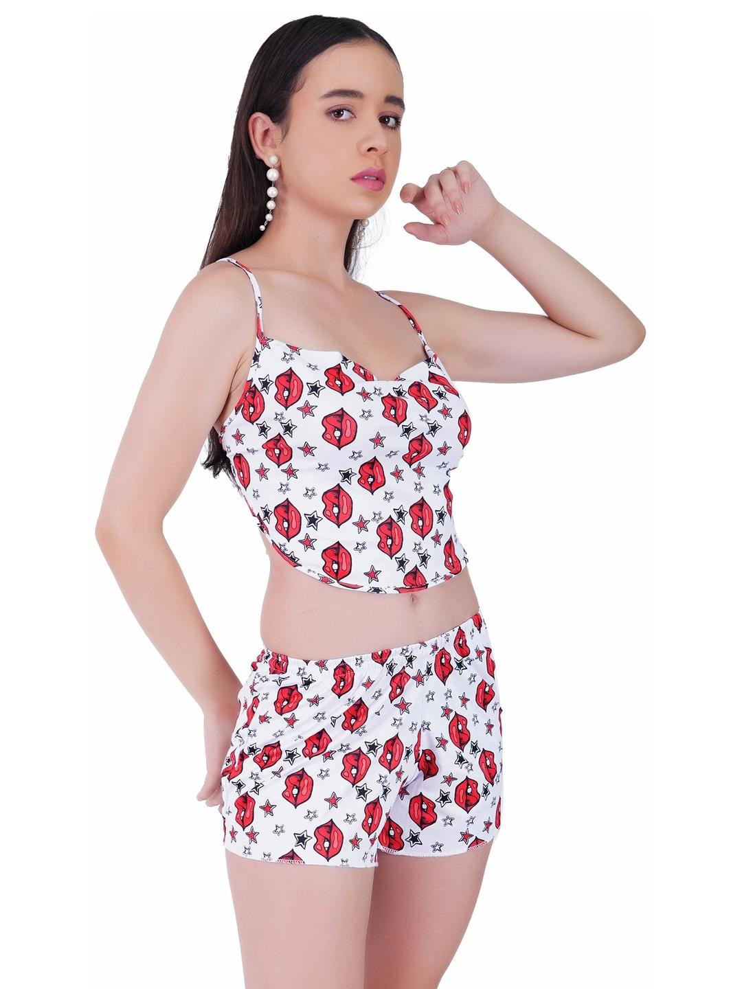 GuSo Shopee White & Red Lips Printed Baby Doll has shoulder straps