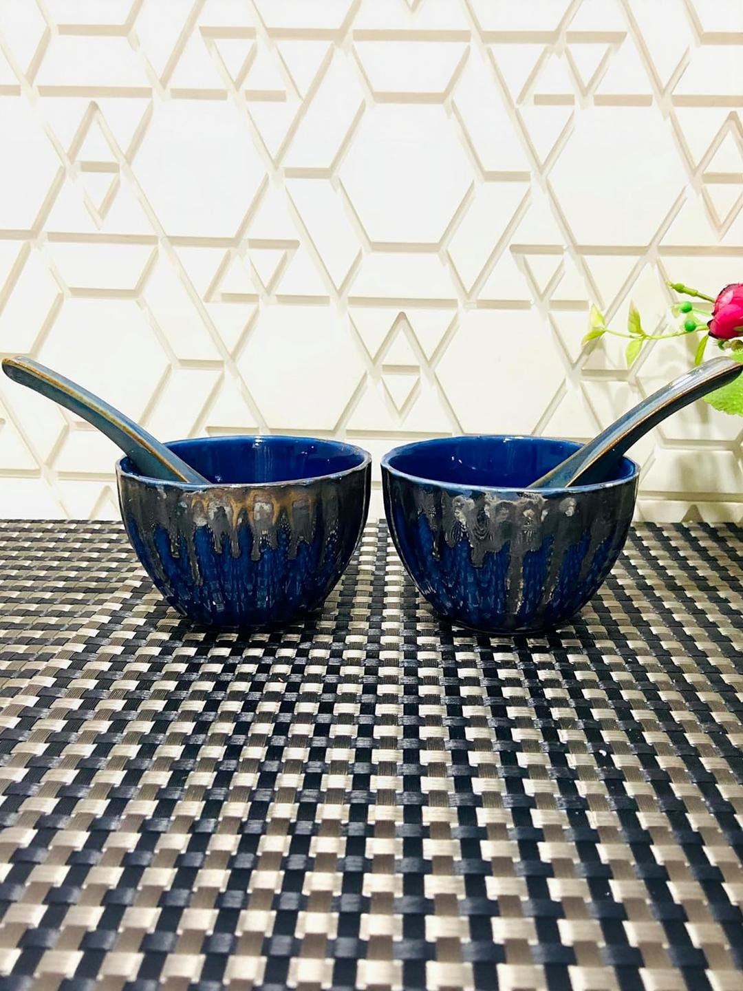 Altaica Multicoloured Set of 2 Ceramic Microwave Safe Serving Bowl with 2 Spoon