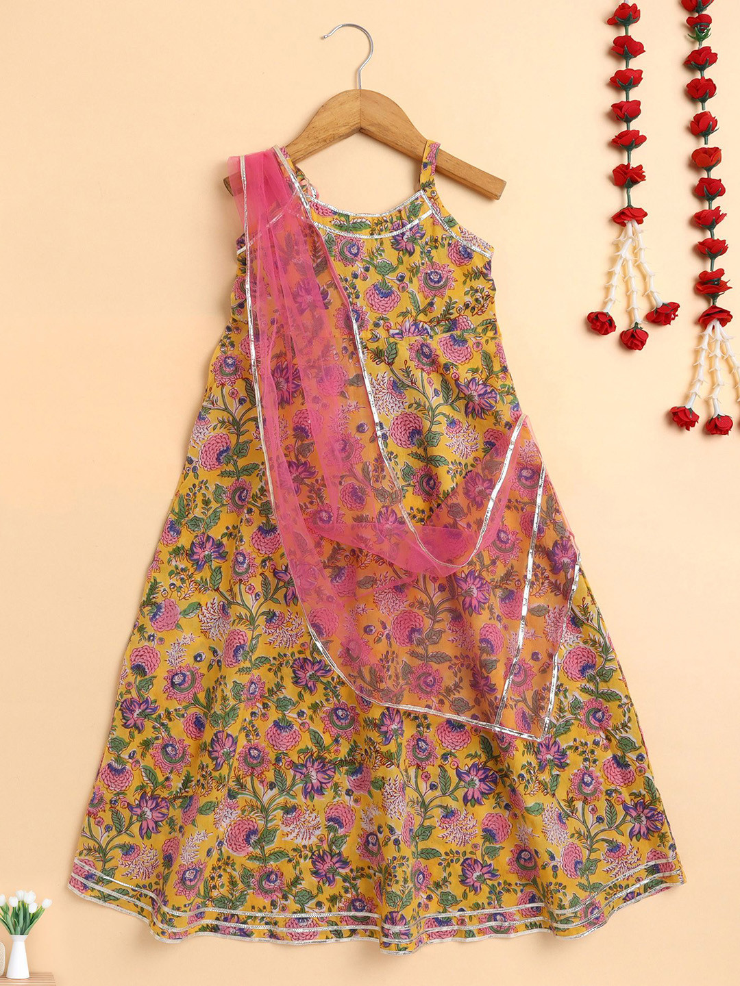 The Magic Wand Girls Floral Print Shoulder Straps Fit & Flare Maxi Dress with Dupatta