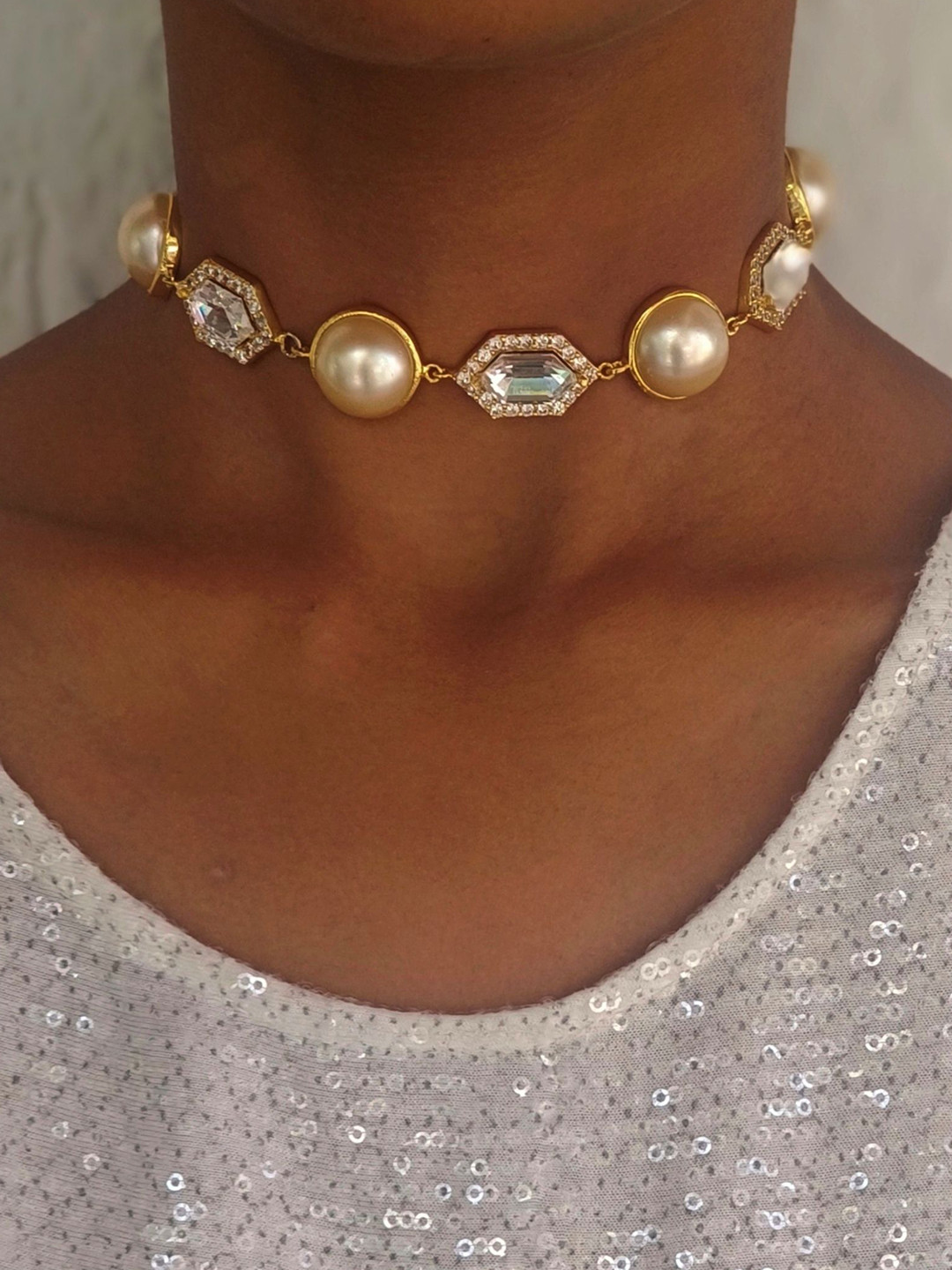 BBlingg Gold-Plated Crystal And Pearls Studded Choker Statement Necklace