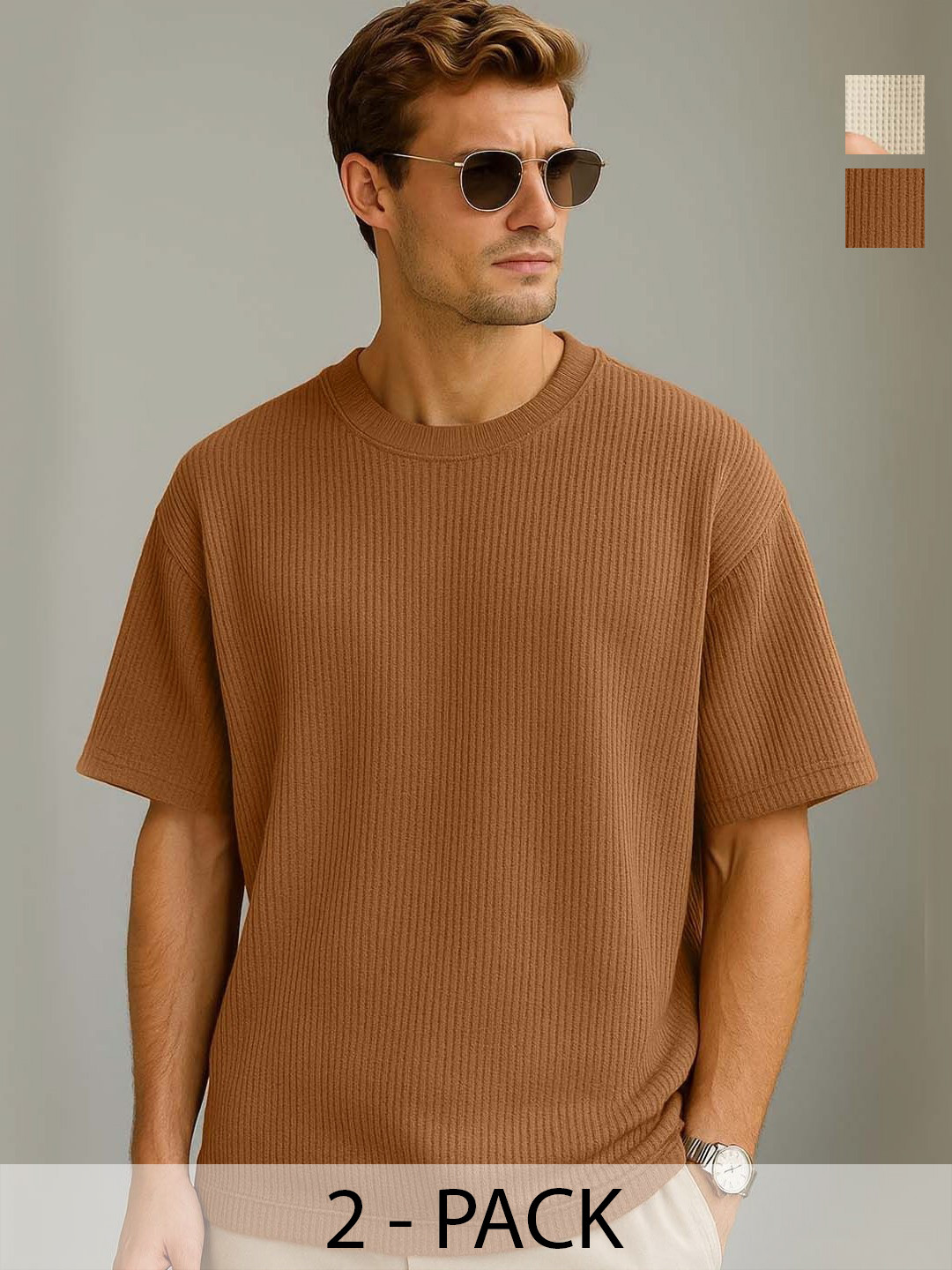 Organic Chics Set Of 2 Self Design Round Neck Drop Shoulder Pure Cotton Oversized T-shirts