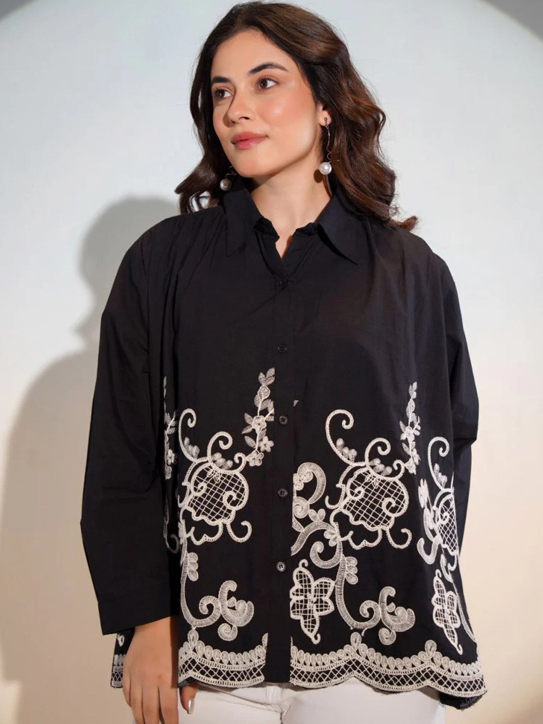 AUTUMN LANE Women Tiara charcoal Ethnic Motifs Embroidery Shirt Style Cotton Longline Top