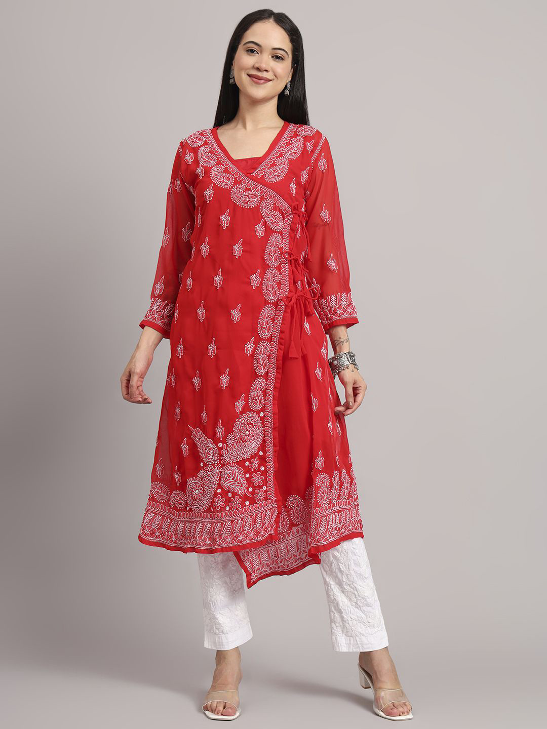 The Chikan Label Jaanvi Paisley Embroidered Angrakha A-Line Chikankari Georgette Kurta