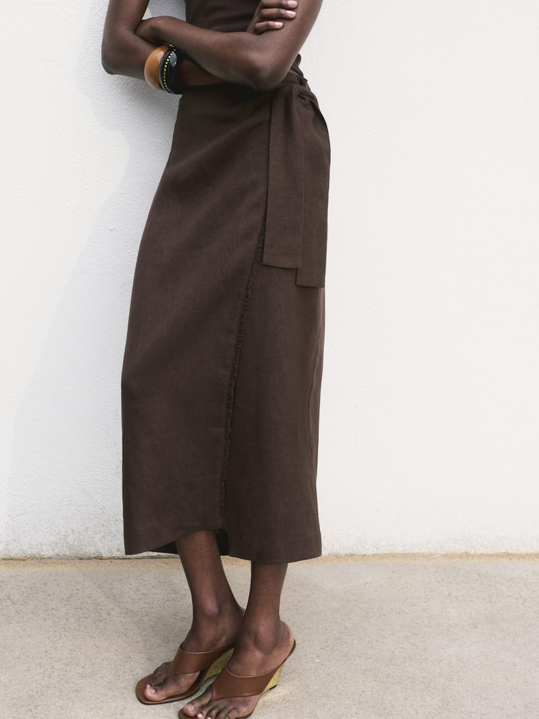 MANGO Mid-Rise Pure Linen Wrap Midi Skirt with Waist Tie-Up