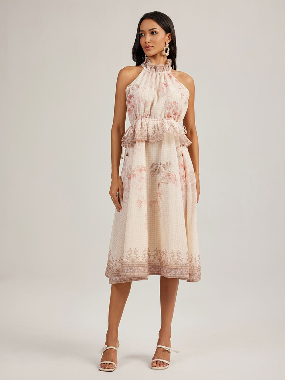 JC Collection Women Floral Printed Layered Halter Neck Fit and Flare Midi Dress