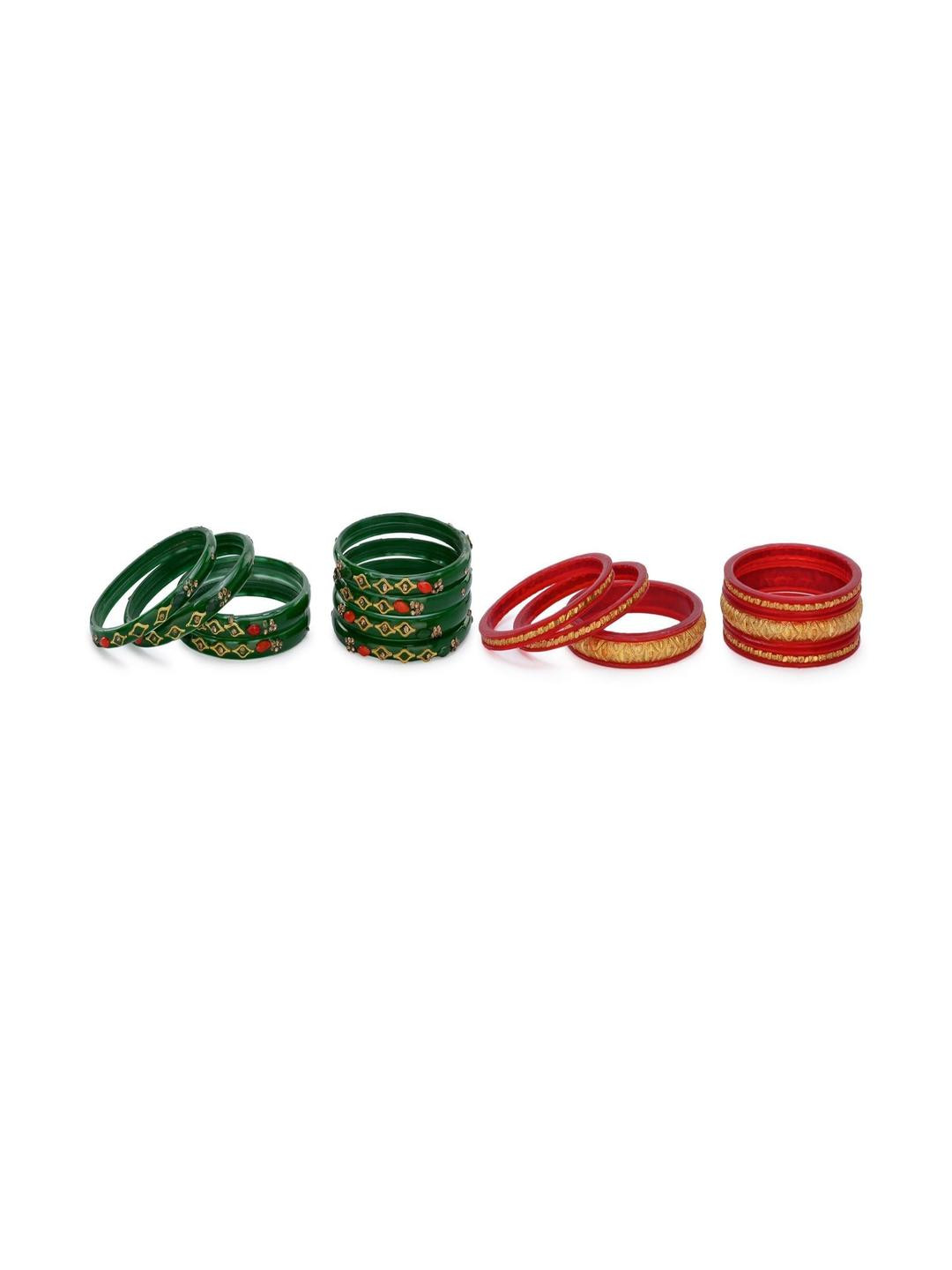 SOMIL Set Of 14 Green And Red Glass Artificial Stones & Beads Bangles