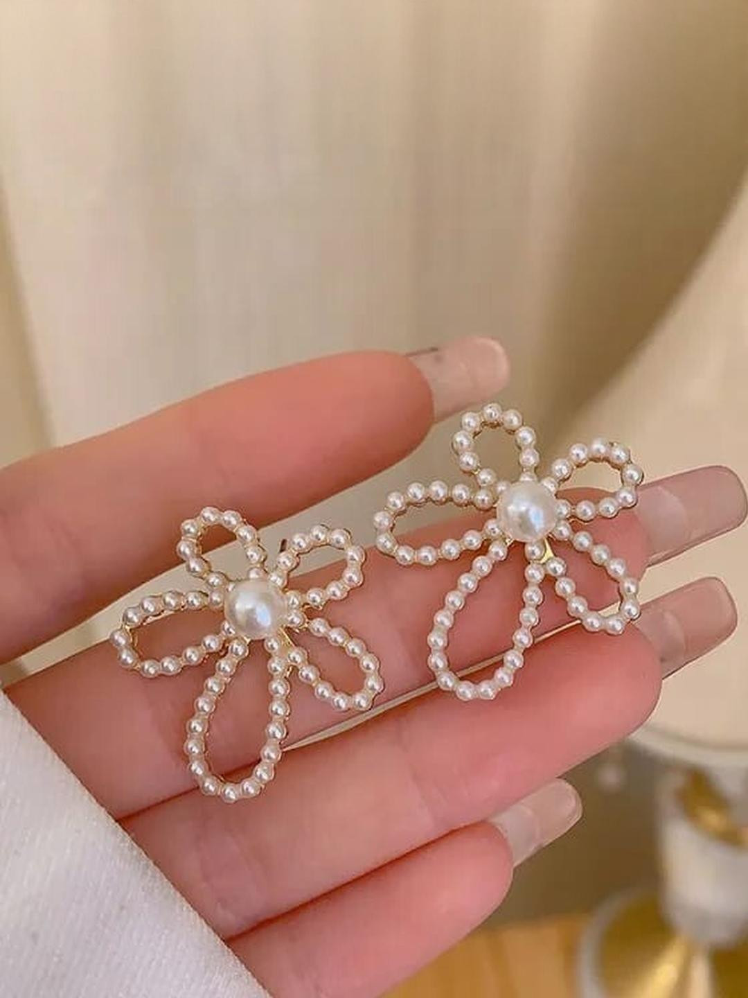 Khusha Creations Women Gold-Toned & White Pearl Flower Loop Dangler Earrings