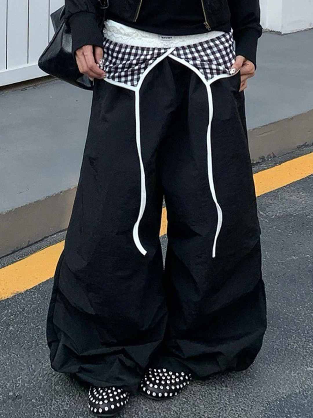 LULU & SKY Women High-Rise Baggy Fit Gingham-detail Trousers