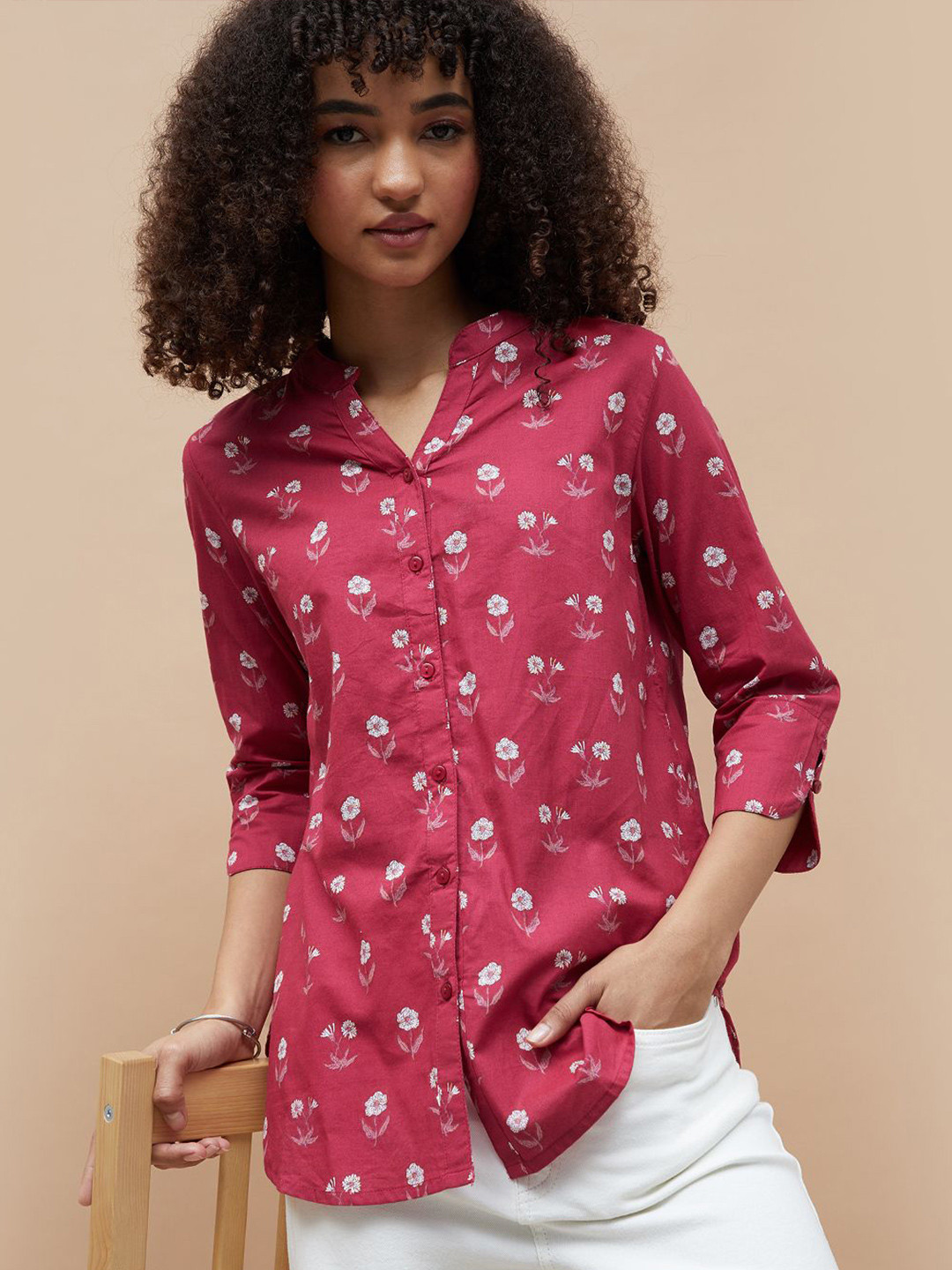 Colour Me by Melange Women Floral Printed Band Collar Cotton Casual Shirt