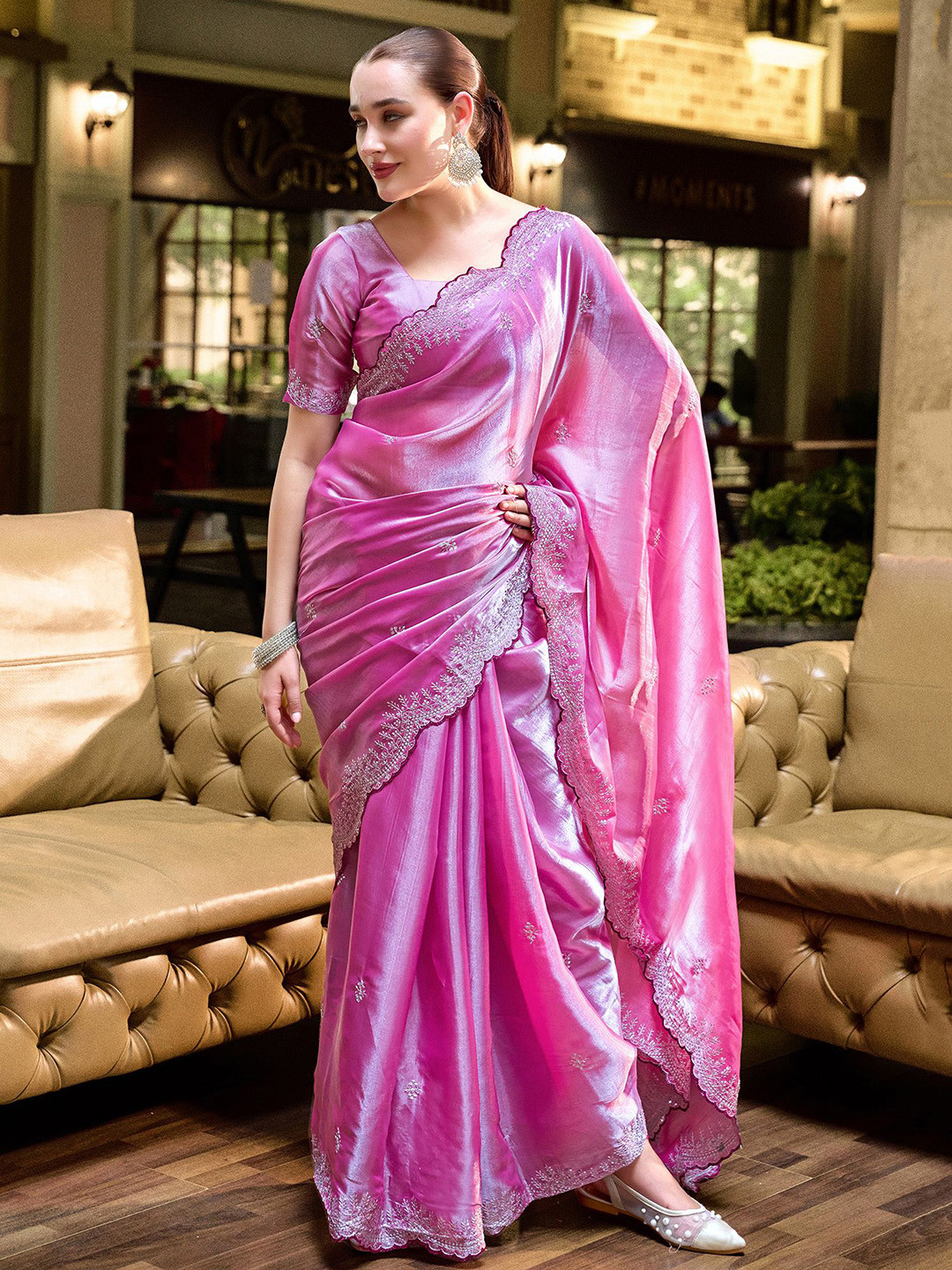 elora Ethnic Motif Embroidered Beads and Stones Pure Chiffon Saree