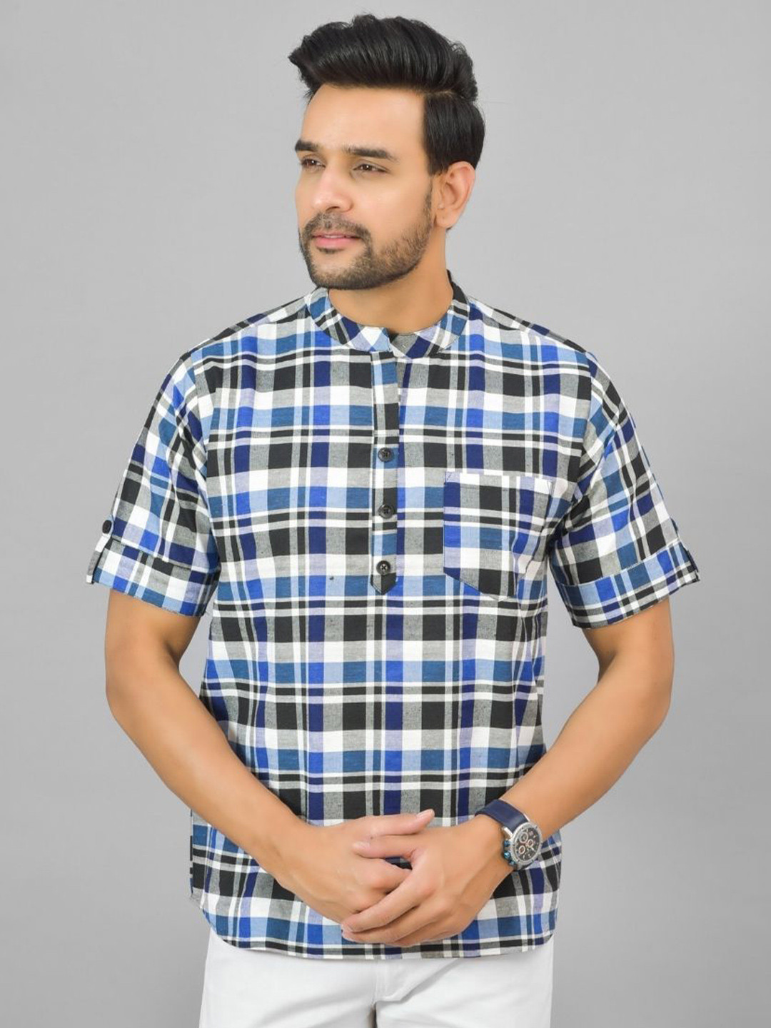 Anouk Rustic Checked Mandarin CollarPure Cotton  Kurta