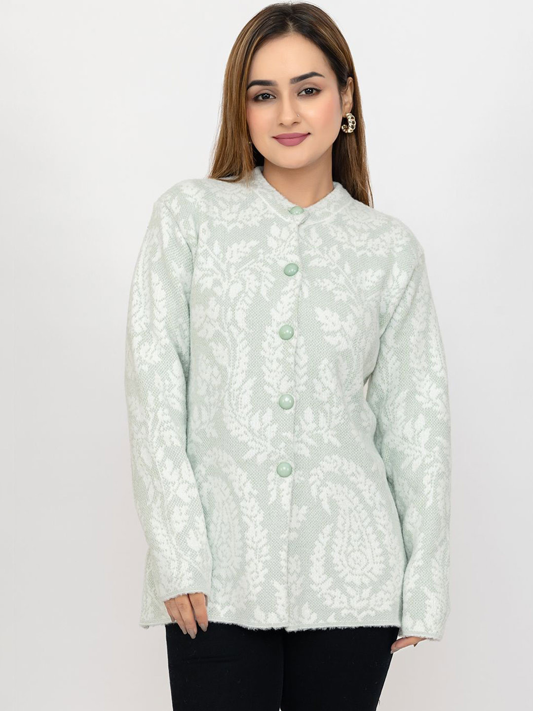 FIRST SLEEP Women Floral Self Design V-Neck Woollen Cardigan