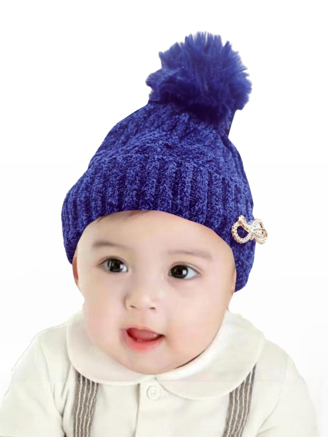 Trubliz Kids Navy Blue Self Design Pom Pom Beanie