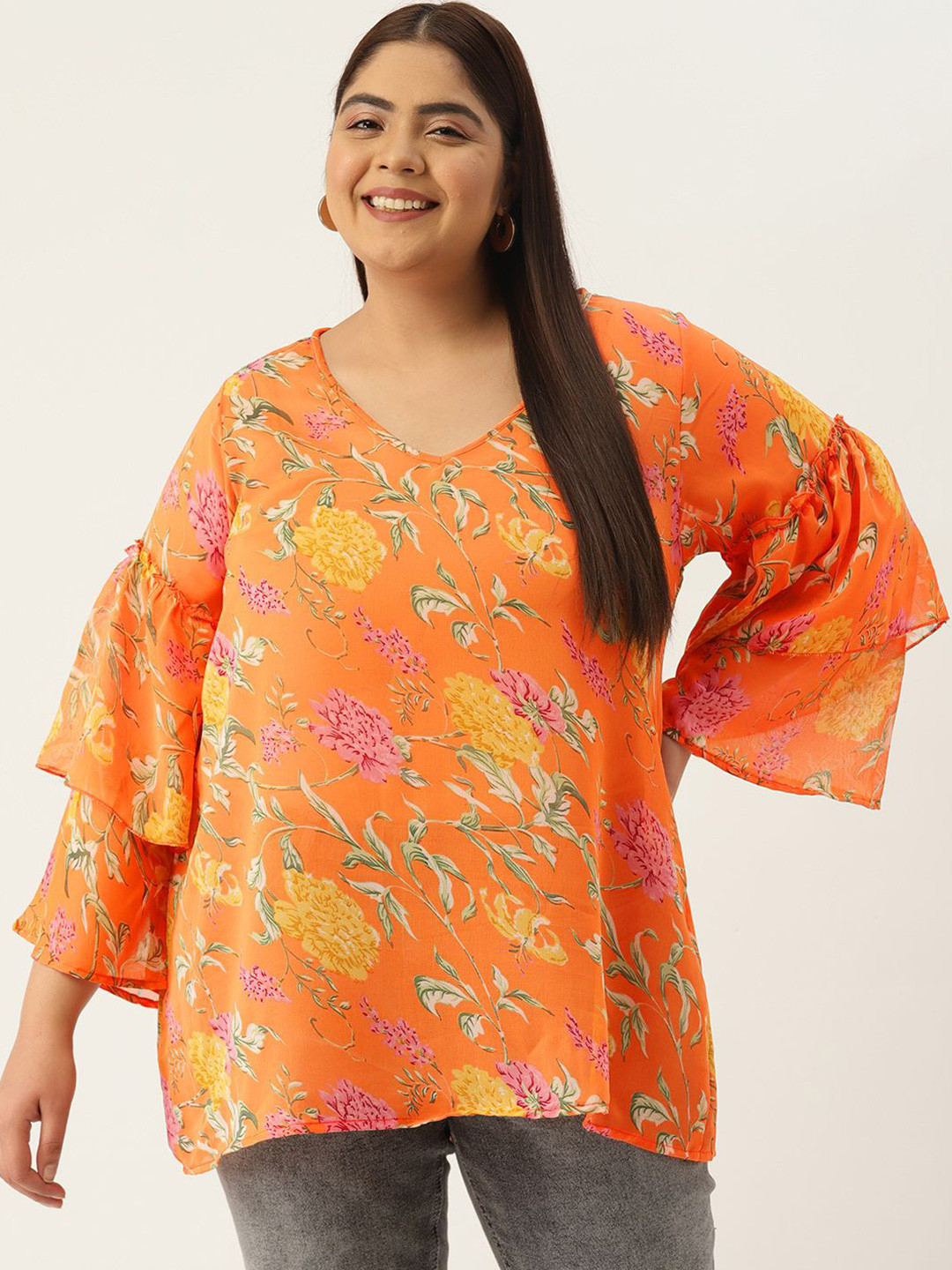 theRebelinme Women Floral Print Layered Bell Sleeve Plus Size Top