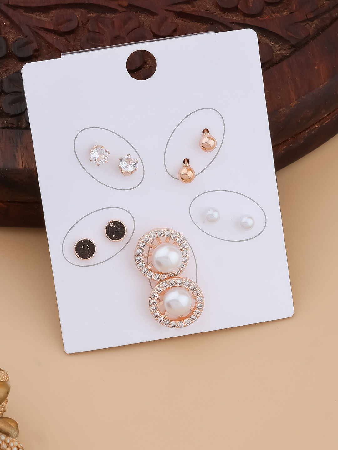 QUERALT Set Of 5 Brass-Plated Stainless Steel Stones Studded Circular Shaped Studs