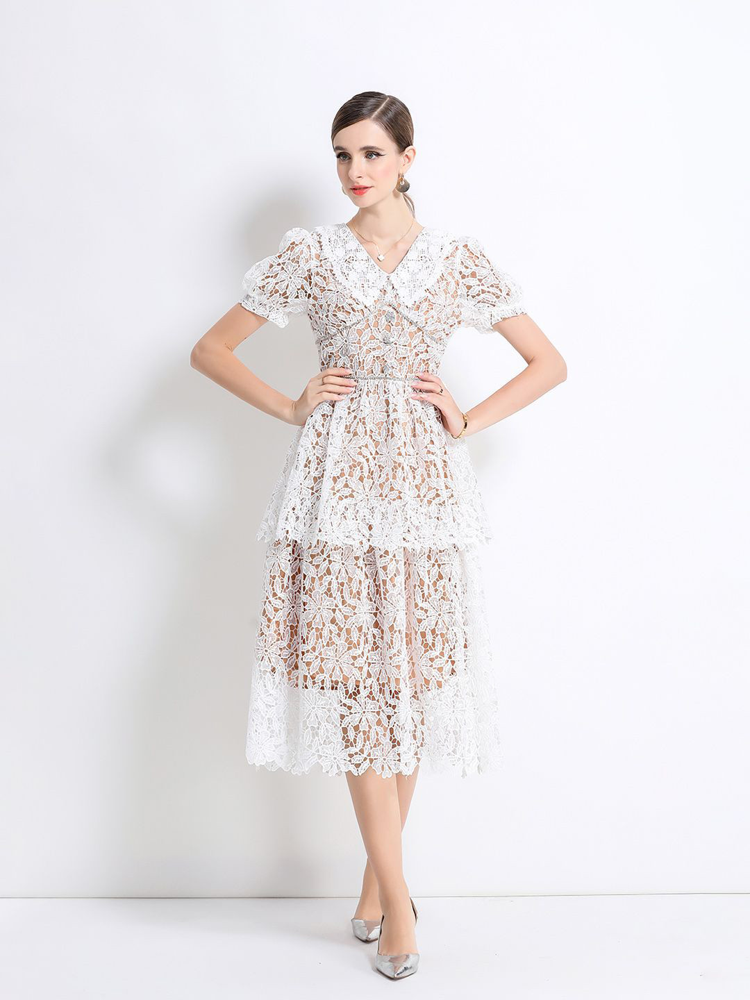 JC Collection Women Peter Pan Collar Puff Sleeves Sheen Fit and Flare Midi Dress