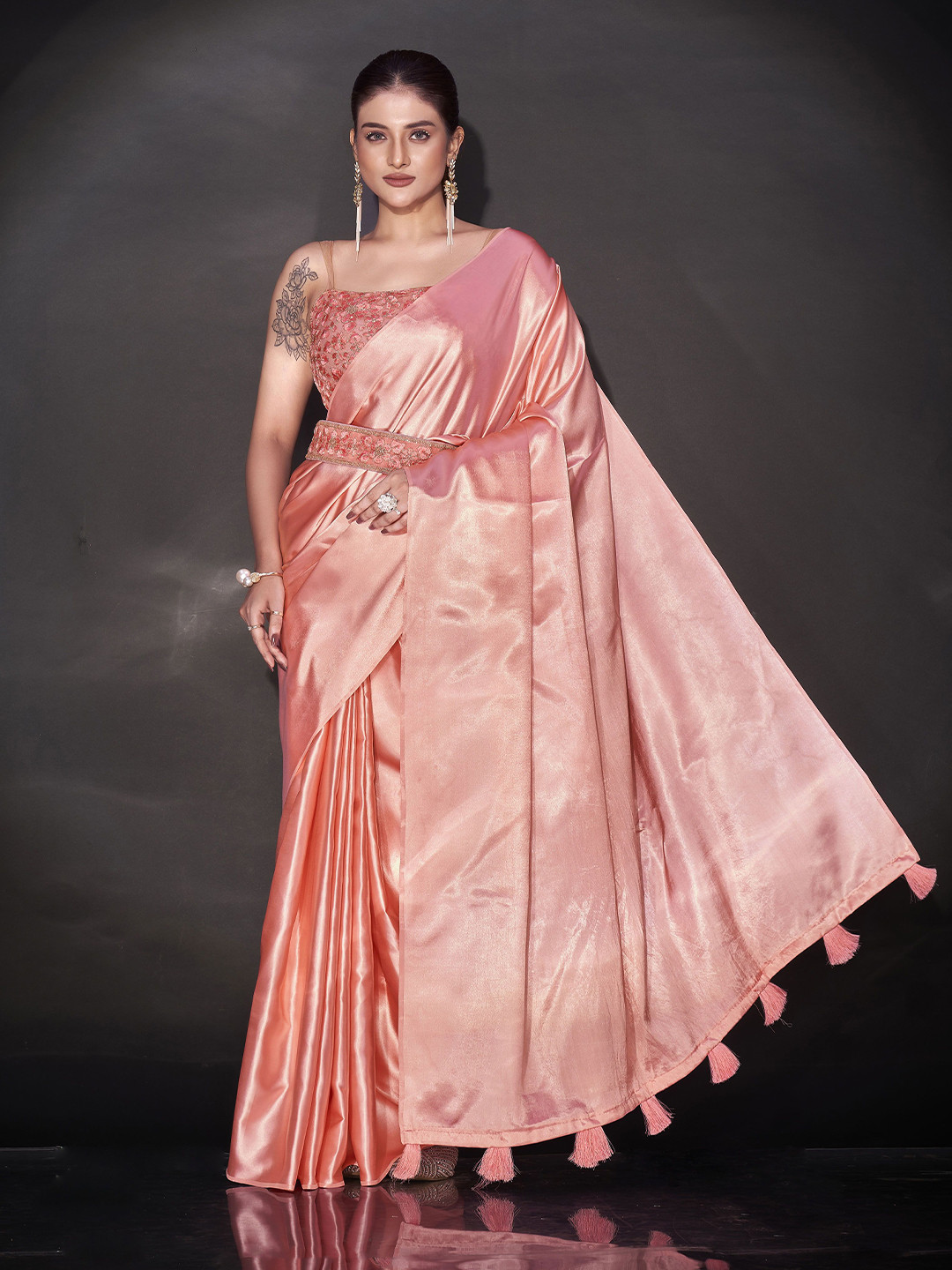 K 5 Fashion Solid Satin Belted Sarees