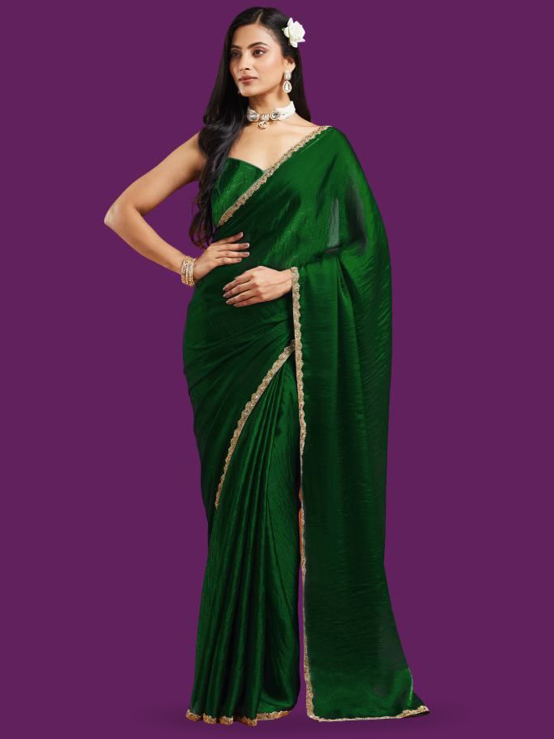 LOROFY Women Bottle Green Two Tone  Saree with Beads & Stone Work